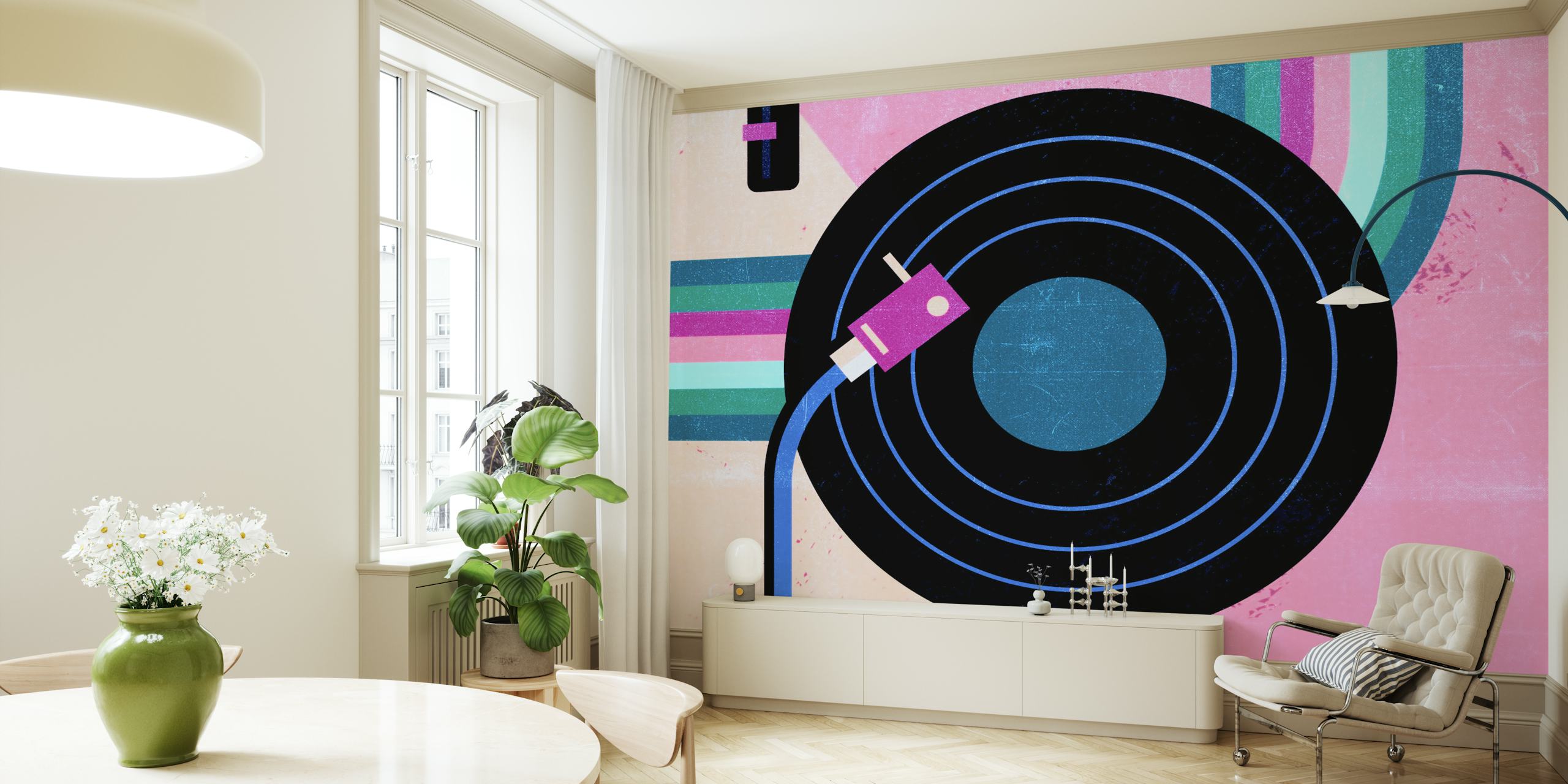 Retro vinyl record and turntable in pop art style wall mural